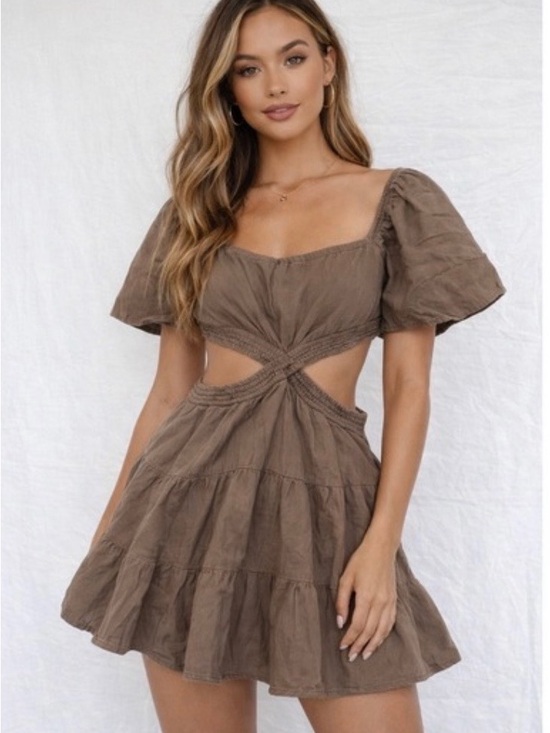Free People Dresses & Skirts - Free People Brown Cutout Puff-Sleeve Mini Dress